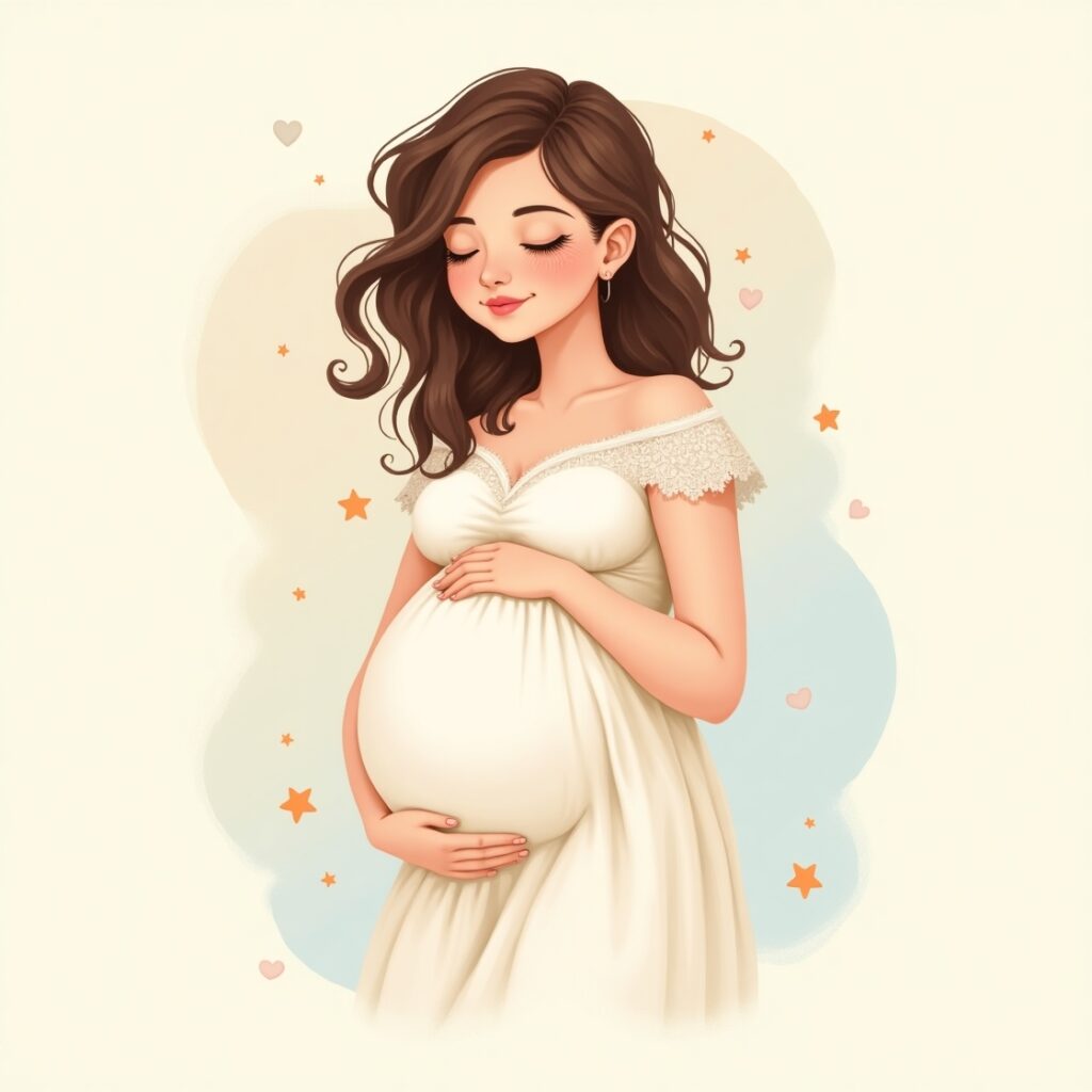 Illustration of a serene pregnant woman in a white dress, gently holding her belly with a peaceful smile, surrounded by soft pastel stars and hearts- Pregnancy blood test price.